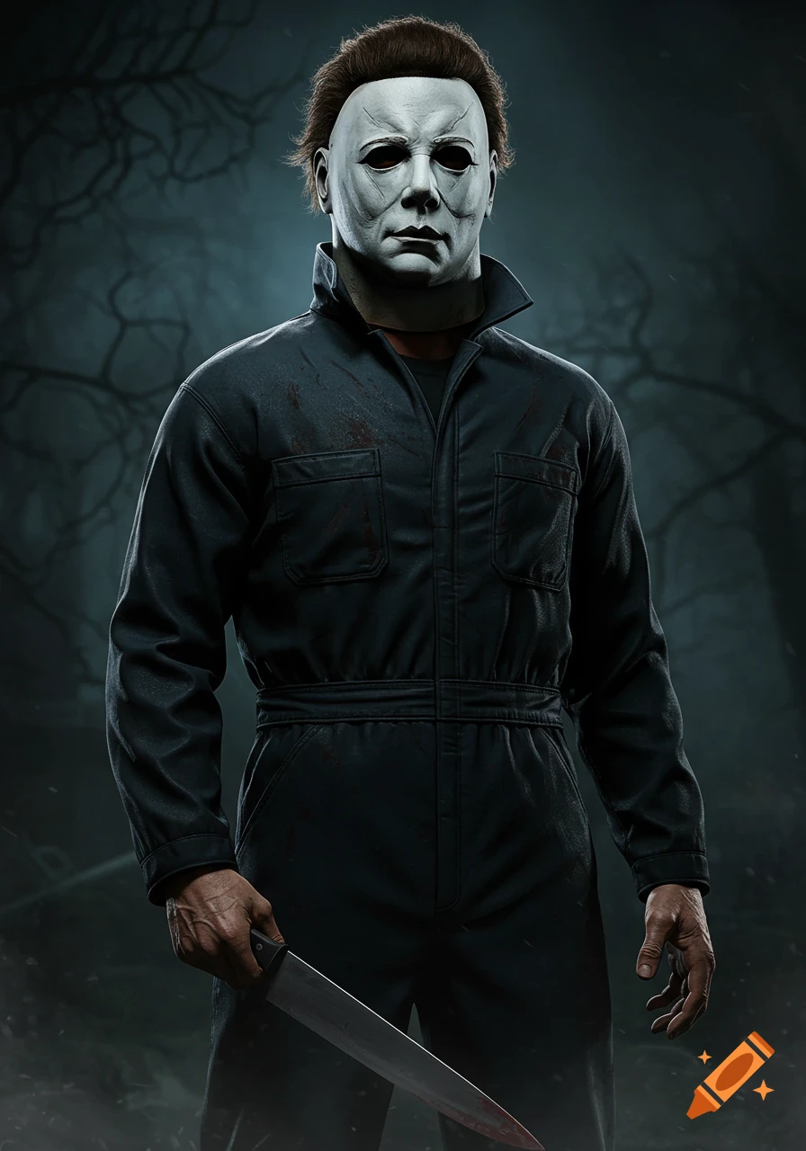 Michael Myers in his dark blue jumpsuit and white mask, holding a bloody knife against a spooky, dark background with tree branches.