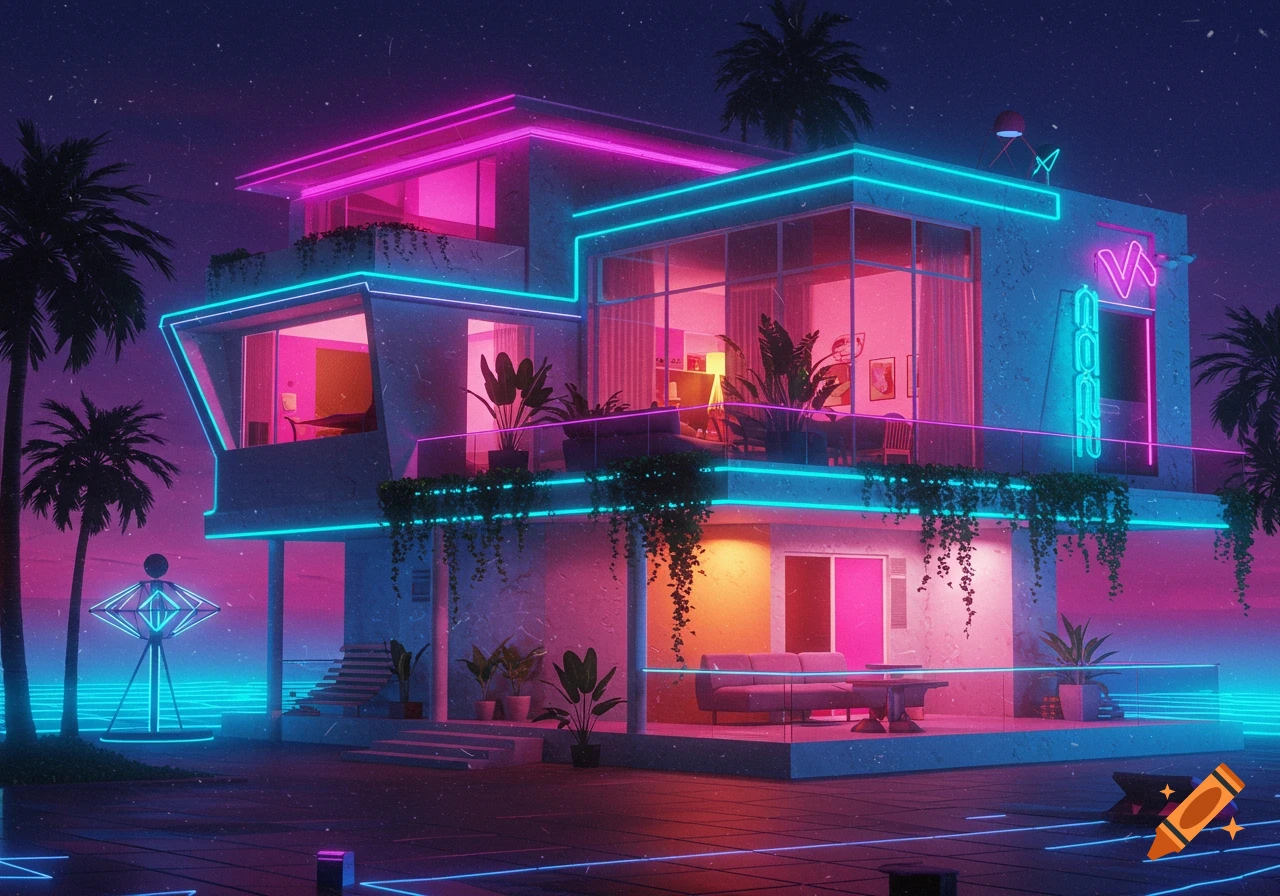 A vibrant 80s-style dreamcore house with neon pink and blue lights, palm trees, and a starry night sky.
