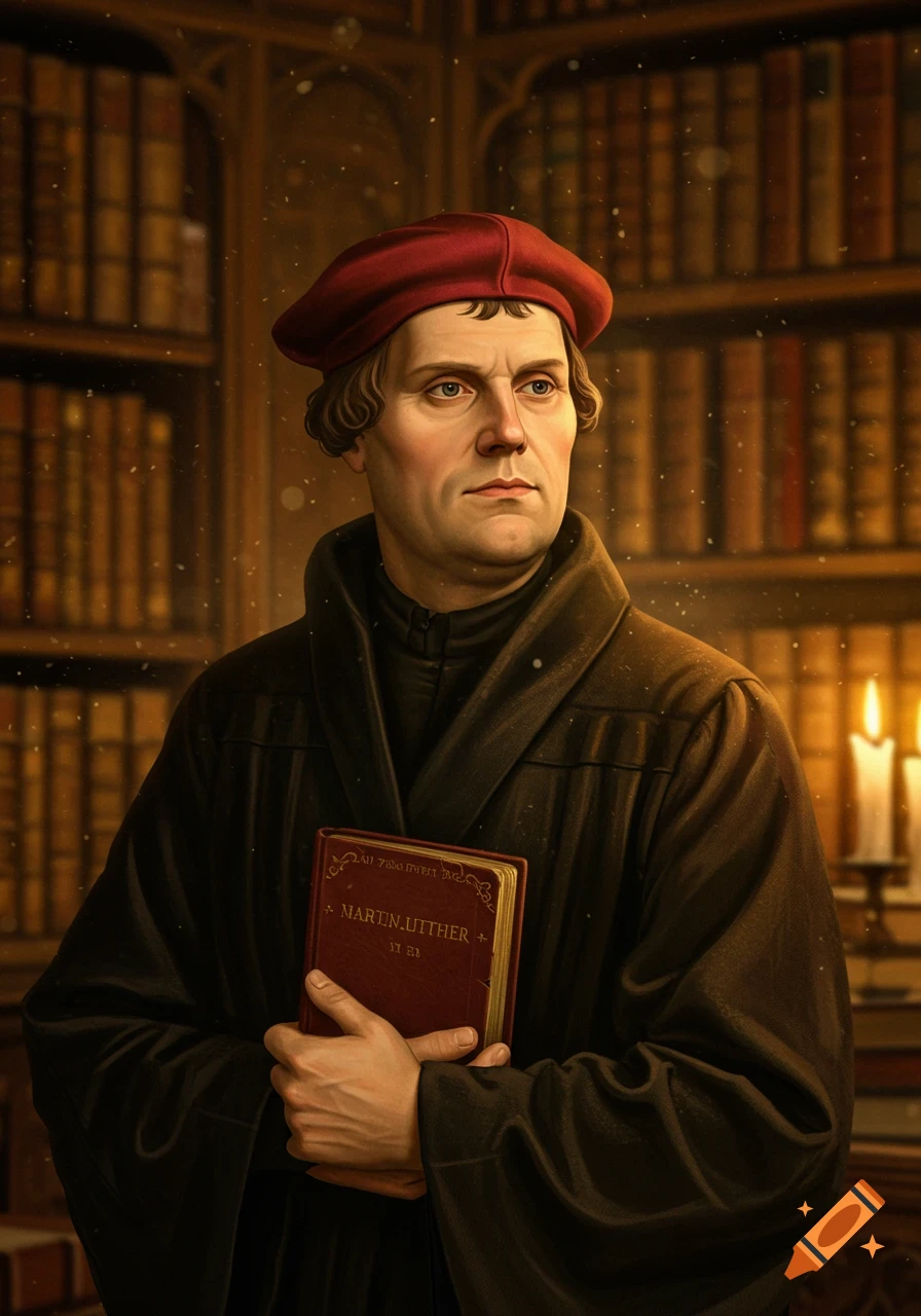 A realistic painterly portrait of Martin Luther wearing a red cap and dark robes, holding a book in a library.