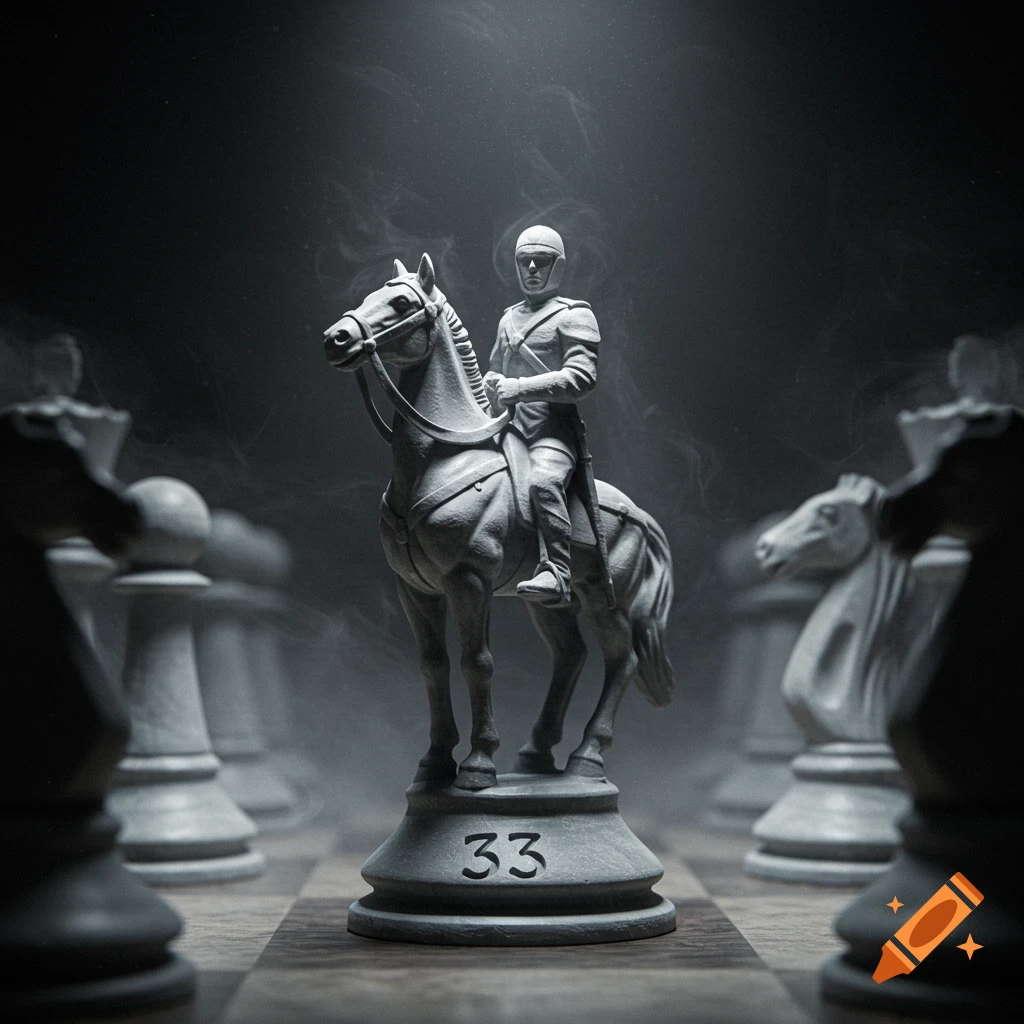 A detailed gray chess piece of a soldier on a horse, with '33' on its base, stands centrally on a chessboard in a dark, misty, cinematic scene.
