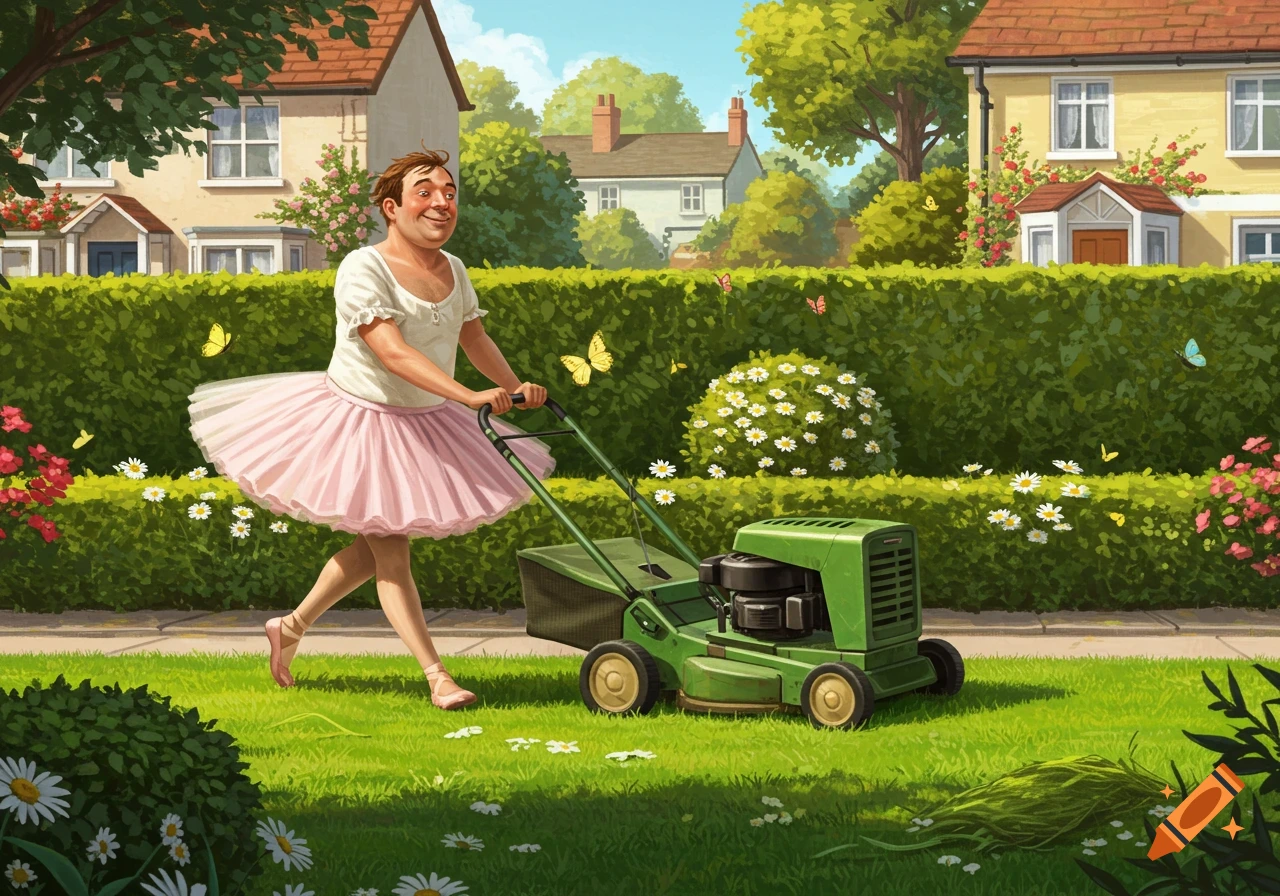 An illustrated image of a man in a pink tutu and ballet slippers mowing a green lawn in a suburban neighborhood.