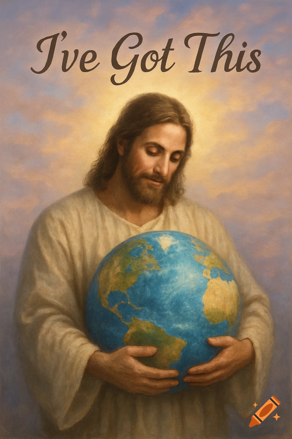 Painting of Jesus, with long hair and beard, gently holding the Earth with both hands under the text 'I've Got This' against a cloudy sky.