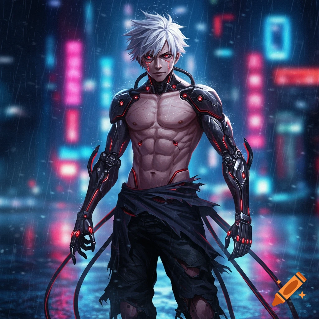 Anime guy with white hair, red eyes, a muscular bare torso, and black and red cyborg limbs stands in a neon-lit cyberpunk city rain.