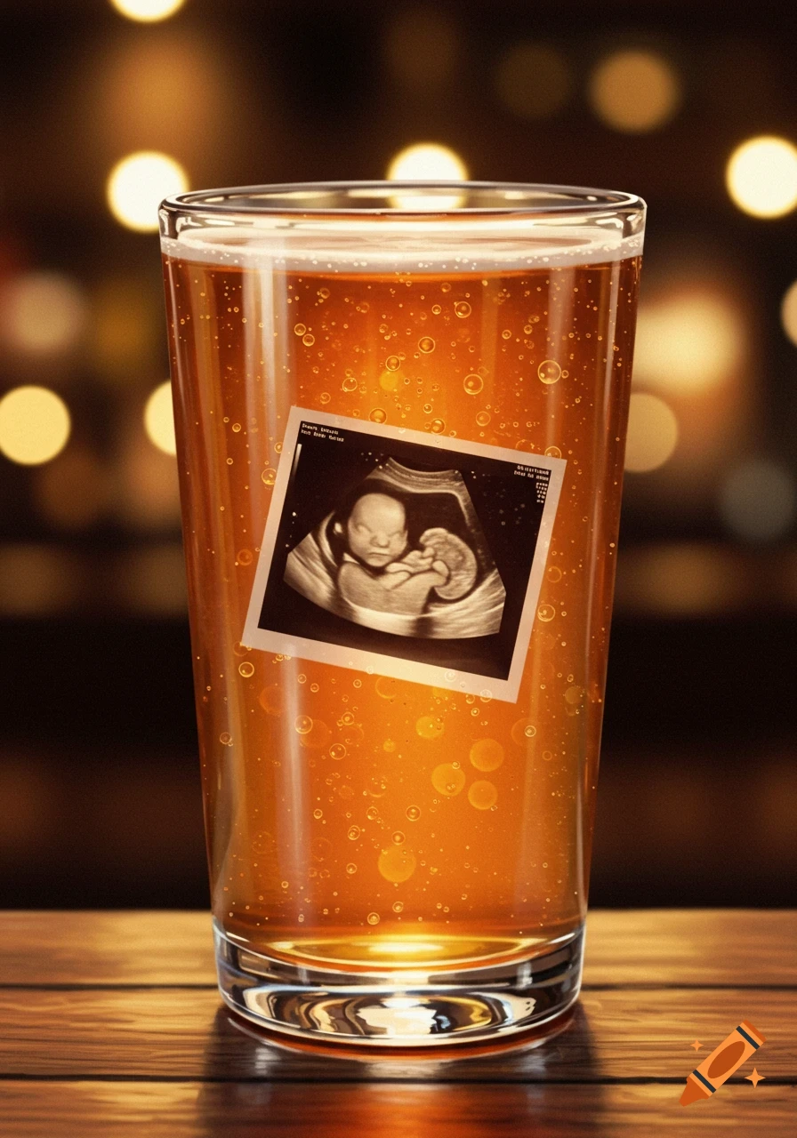 A photorealistic image of a pint glass filled with beer, with an ultrasound image of a fetus taped to the side.