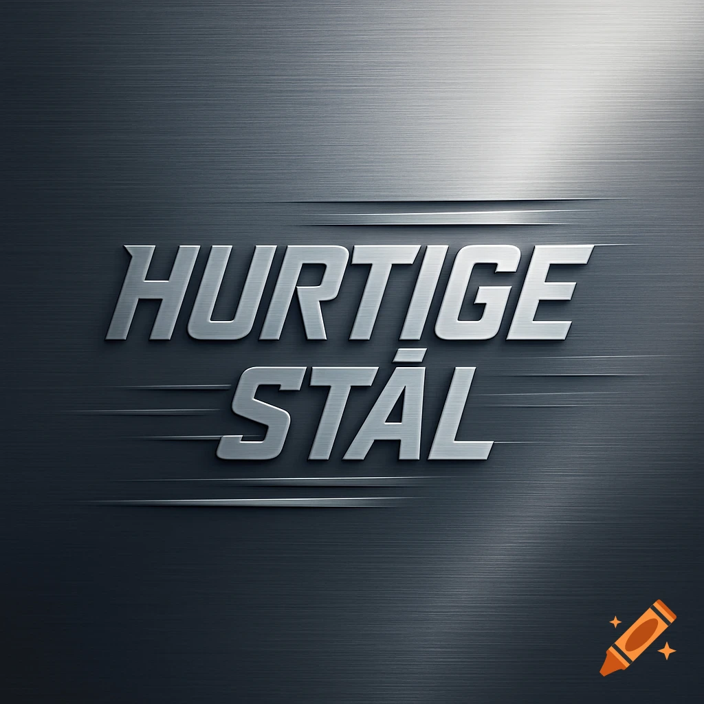 Metallic 3D text "HURTIGE STÅL" on a dark brushed metal background with a speed line effect.