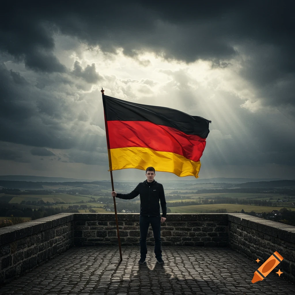 A young man holds a large German flag on a stone terrace overlooking a landscape under a dramatic, cloudy sky with sun rays.