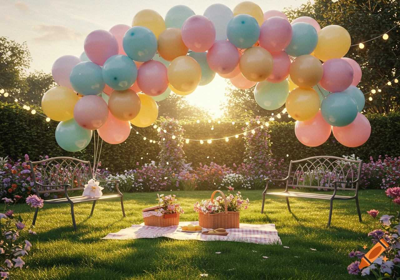 A sunny garden set for a picnic, with colorful balloons arching overhead, two benches, and picnic baskets on a blanket.