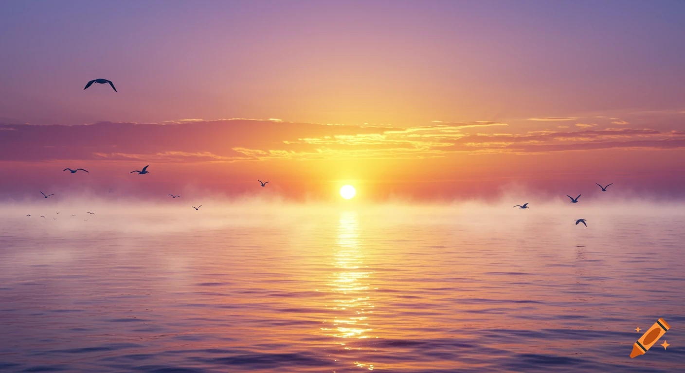 Photorealistic sunrise over a calm ocean with a bright sun reflecting on the water and birds flying through mist.