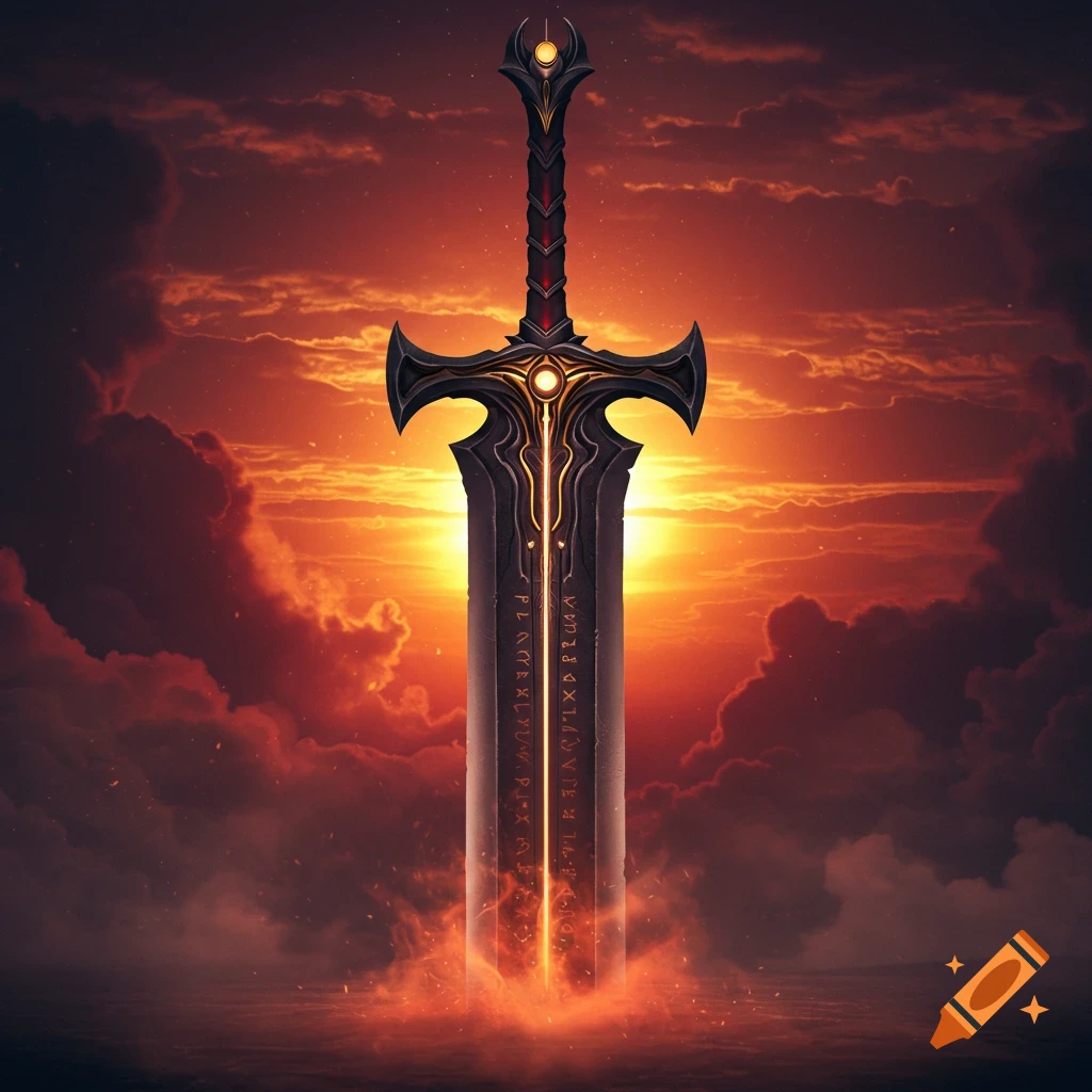 A glowing, ornate fantasy greatsword stands upright against a dramatic orange sunset sky with dark clouds.