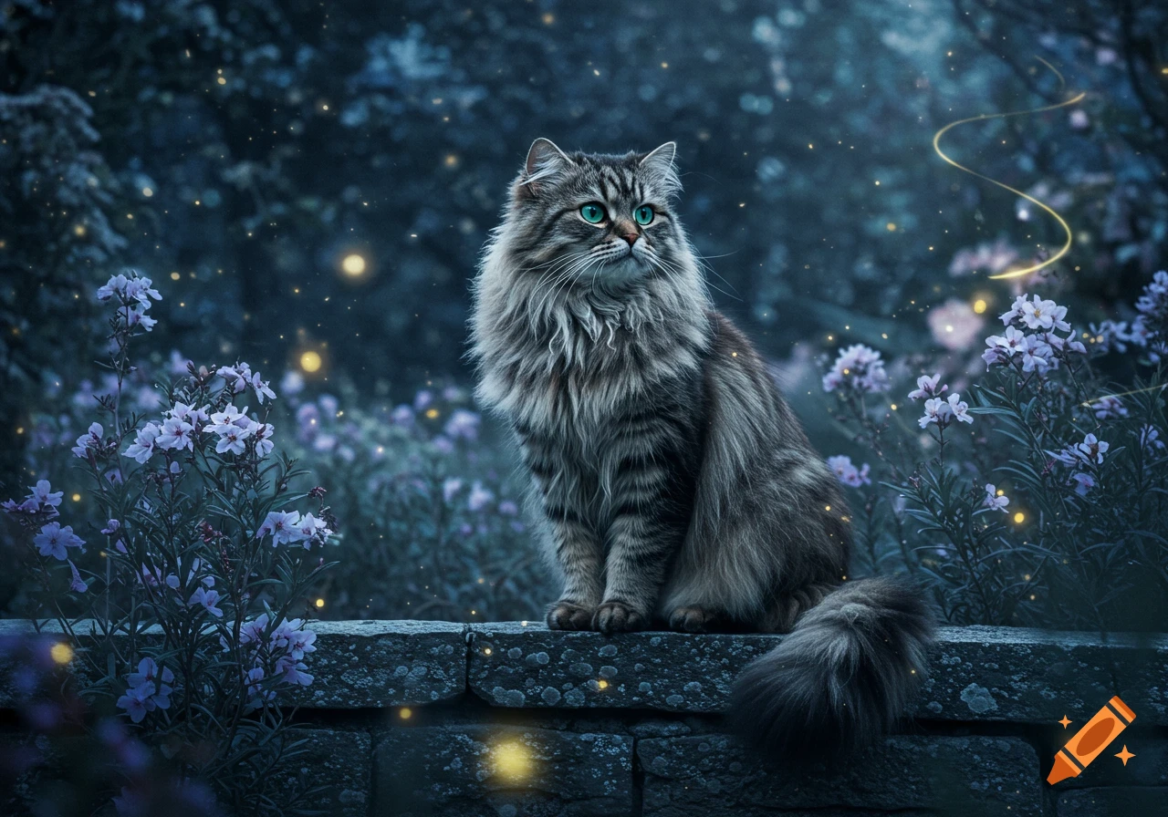 A fluffy tabby cat with glowing blue-green eyes sits on a stone wall in ...