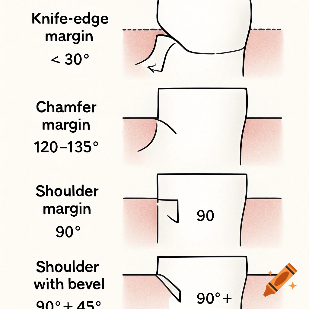 A medical diagram illustrating four types of dental crown margins: knife-edge, chamfer, shoulder, and shoulder with bevel, with angle measurements.