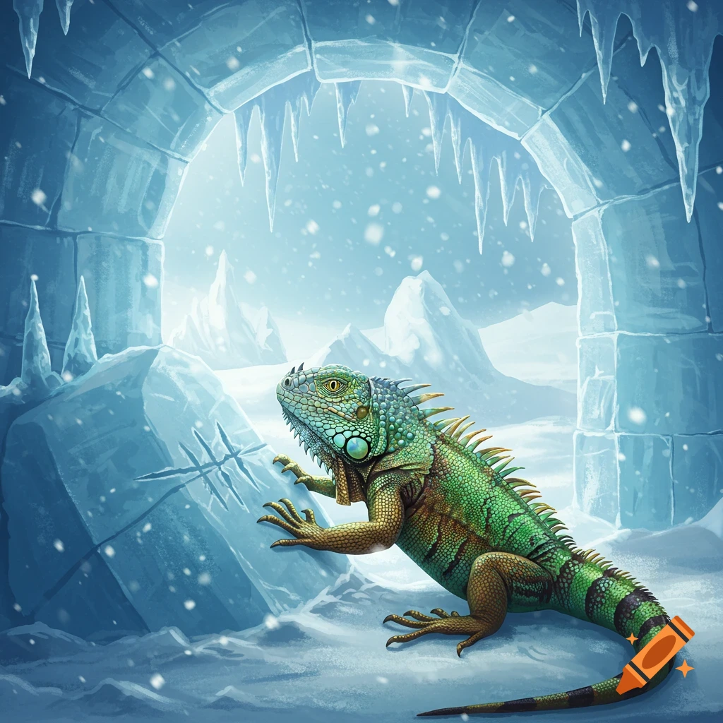 An emerald green iguana with blue markings scratches a snowy ice block inside a shimmering ice cave, with icy mountains in the background.