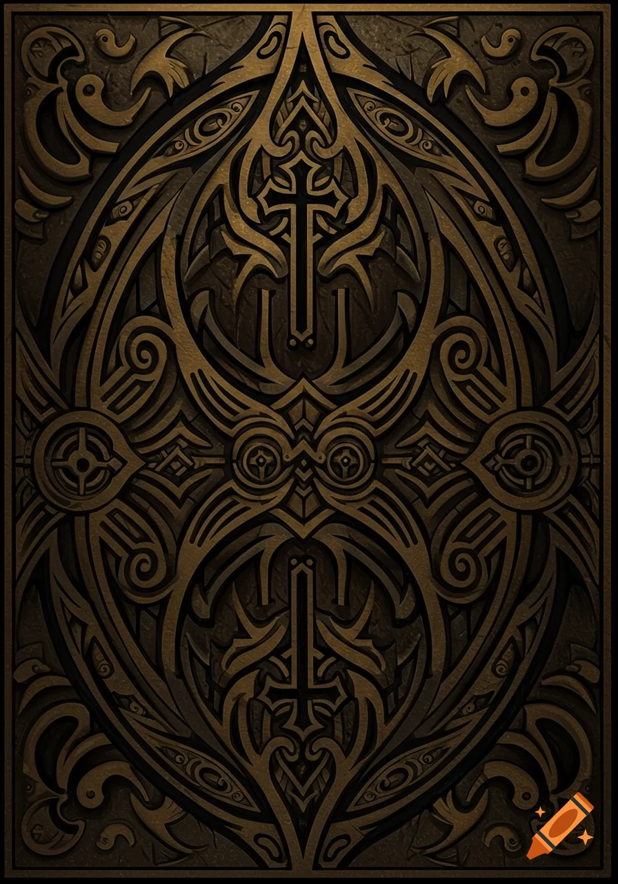 An intricate symmetrical tribal pattern in dark bronze and gold, featuring a stylized cross motif at its center, with an ornate, embossed texture.