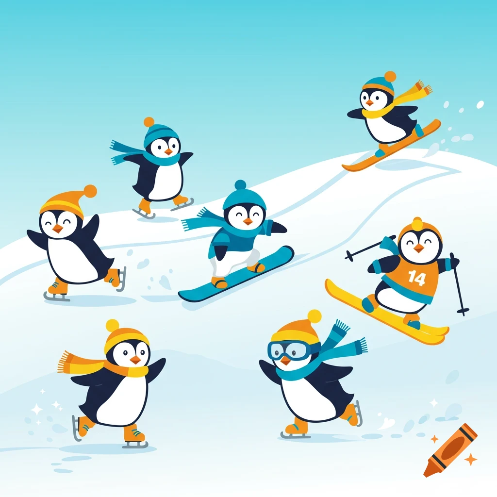 Digital illustration of several cute cartoon penguins ice skating, snowboarding, and skiing on a snowy hill, in a bright, modern style.