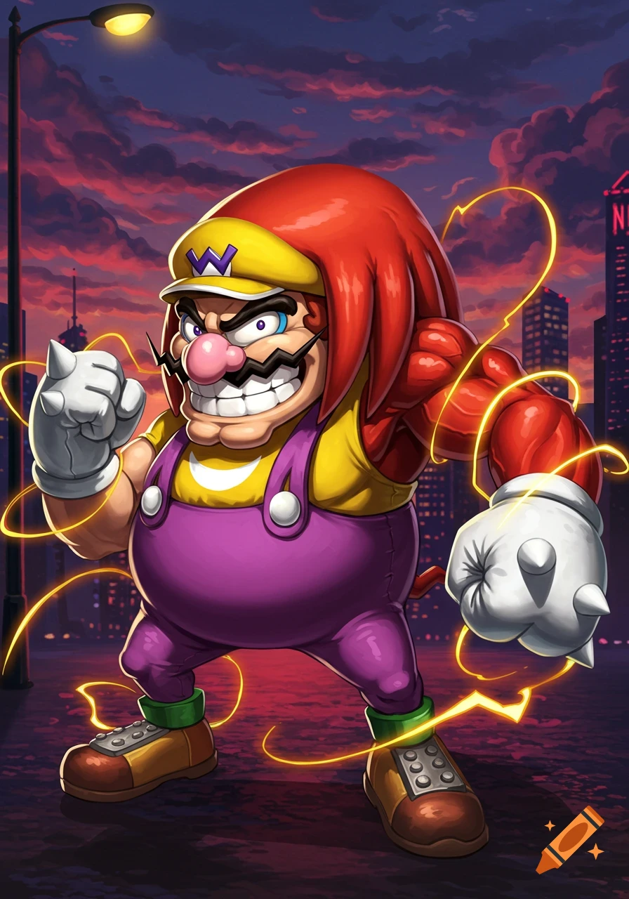Wario and Knuckles fused together, standing powerfully in a city at dusk with lightning energy trails.