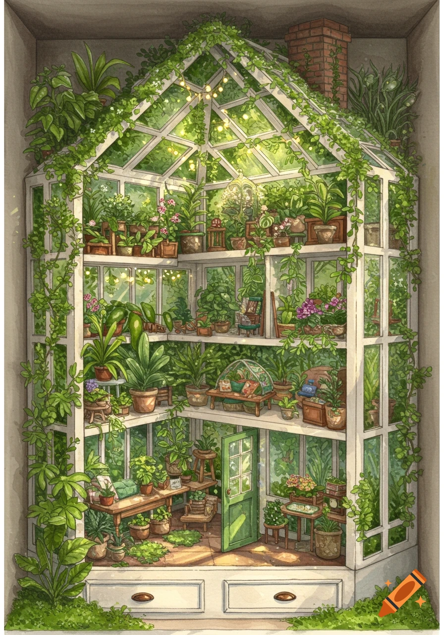 A whimsical illustration of a multi-tiered greenhouse designed like a dollhouse, filled with lush potted plants and glowing lights.