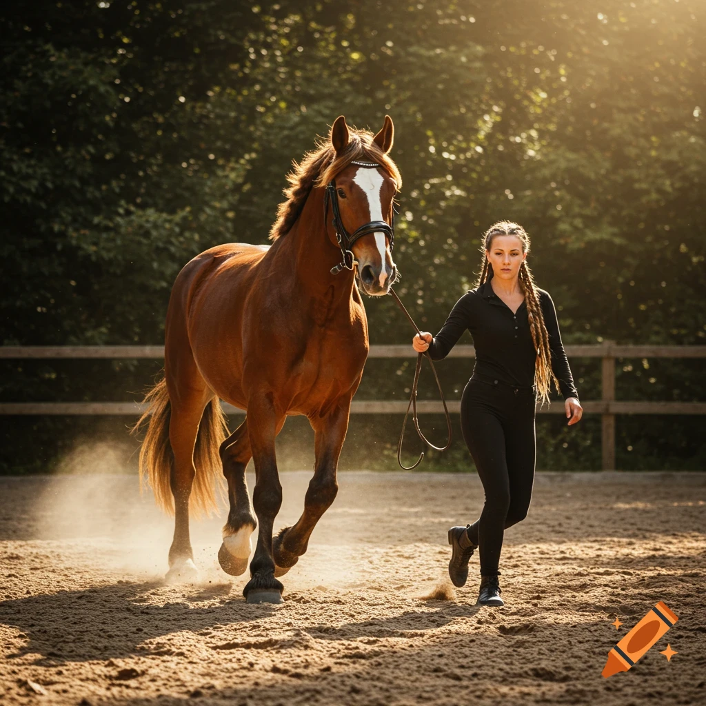 A woman in black with a long braided ponytail leads a brown horse with a white blaze across a dusty riding arena at golden hour. Photorealistic.