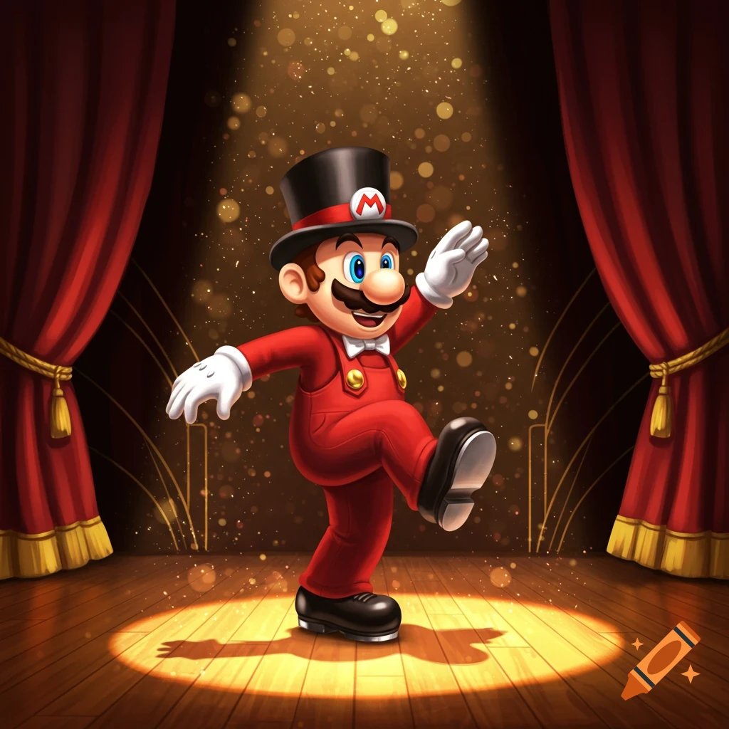 Mario tap dancing on a wooden stage under a spotlight, wearing a red tuxedo with a white bow tie and a black top hat.