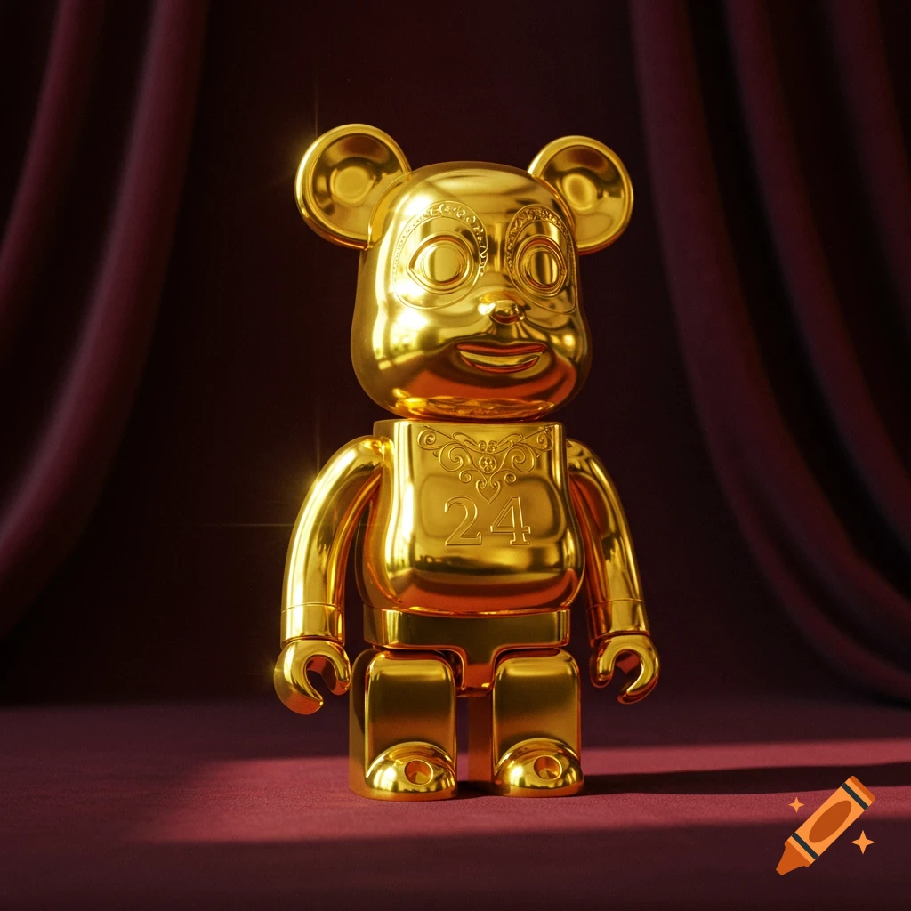 A glossy golden toy figure with the number 24 on its chest, standing on a red velvet surface against matching curtains.