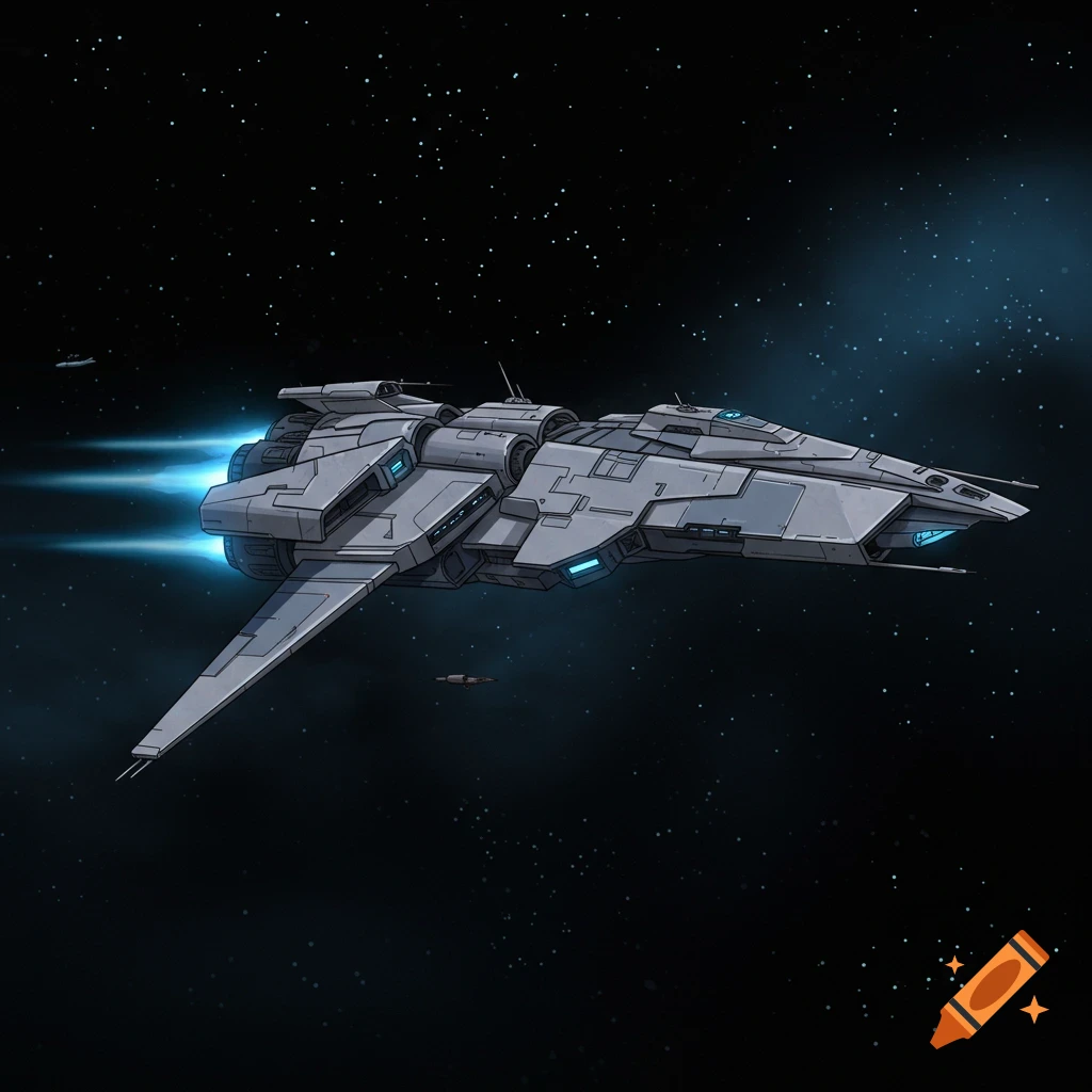 A grey, stylized 2D spaceship with glowing blue engines flies through a starry black space.