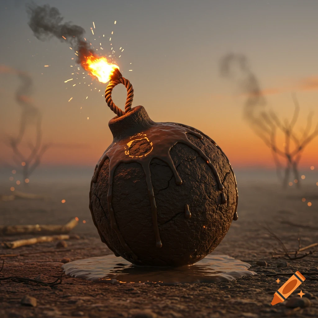 A round, mud-covered bomb with a lit fuse dripping on dry cracked ground at sunset in a desolate landscape.