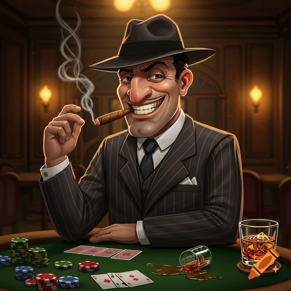A cartoon gangster with a menacing smile, fedora, and pinstripe suit, smokes a cigar while sitting at a green poker table with chips, playing cards, and a spilled drink.