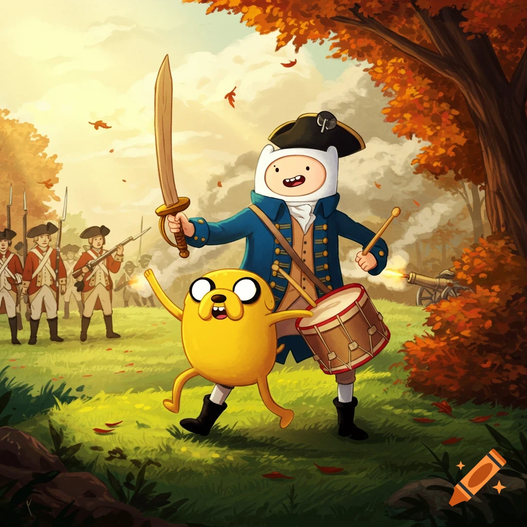 Cartoon Finn and Jake in American Revolutionary War attire on an autumn battlefield with soldiers and a firing cannon.