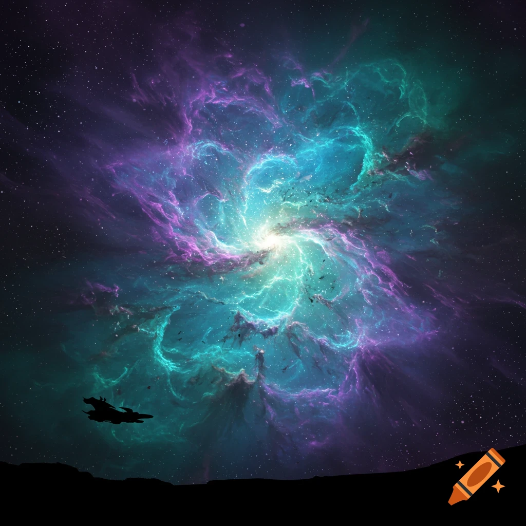 A vibrant nebula with turquoise and purple clouds and a bright core, with a silhouetted spaceship flying over a dark planetary horizon, set against a star-filled dark blue and purple sky.