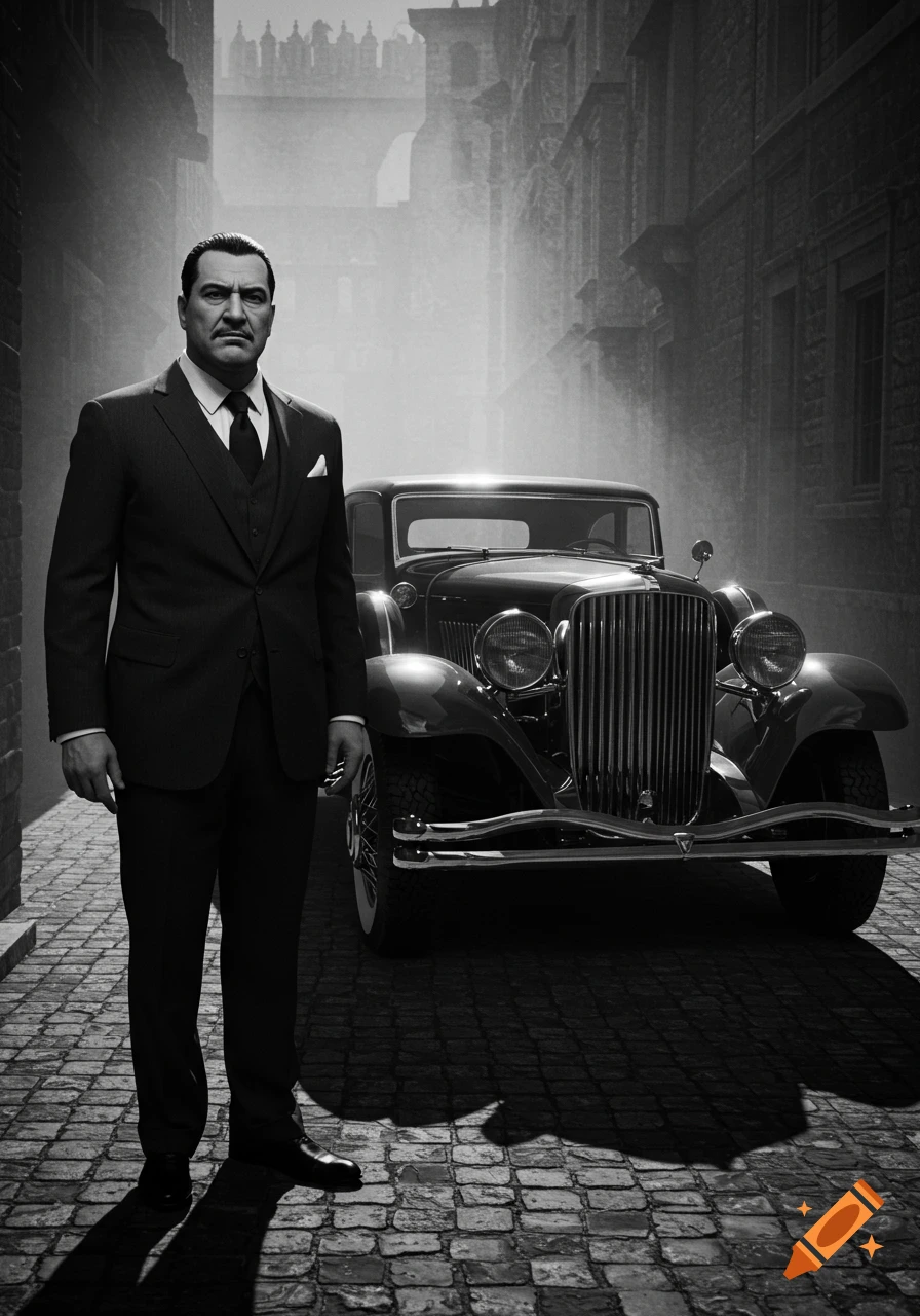 A serious man in a suit stands beside a vintage Duesenberg car on a cobblestone street, in a black and white film noir style.