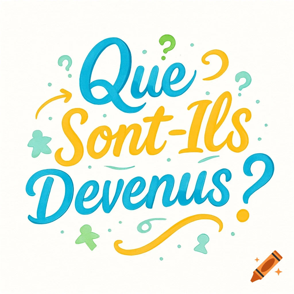 A vibrant, stylized blue and yellow script text logo on a white background, reading "Que Sont-Ils Devenus?".