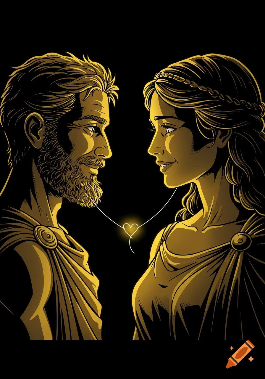 Graphic novel illustration of a man and woman in golden hues, looking at each other, connected by a glowing heart on a black background.