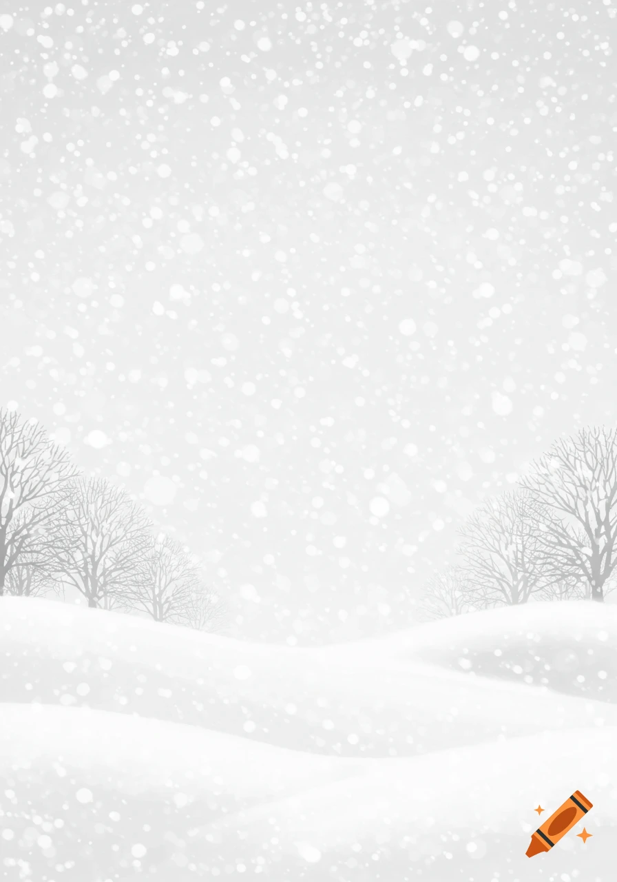 A white, snowy landscape with bare trees on gentle hills under a bright sky filled with falling snowflakes.