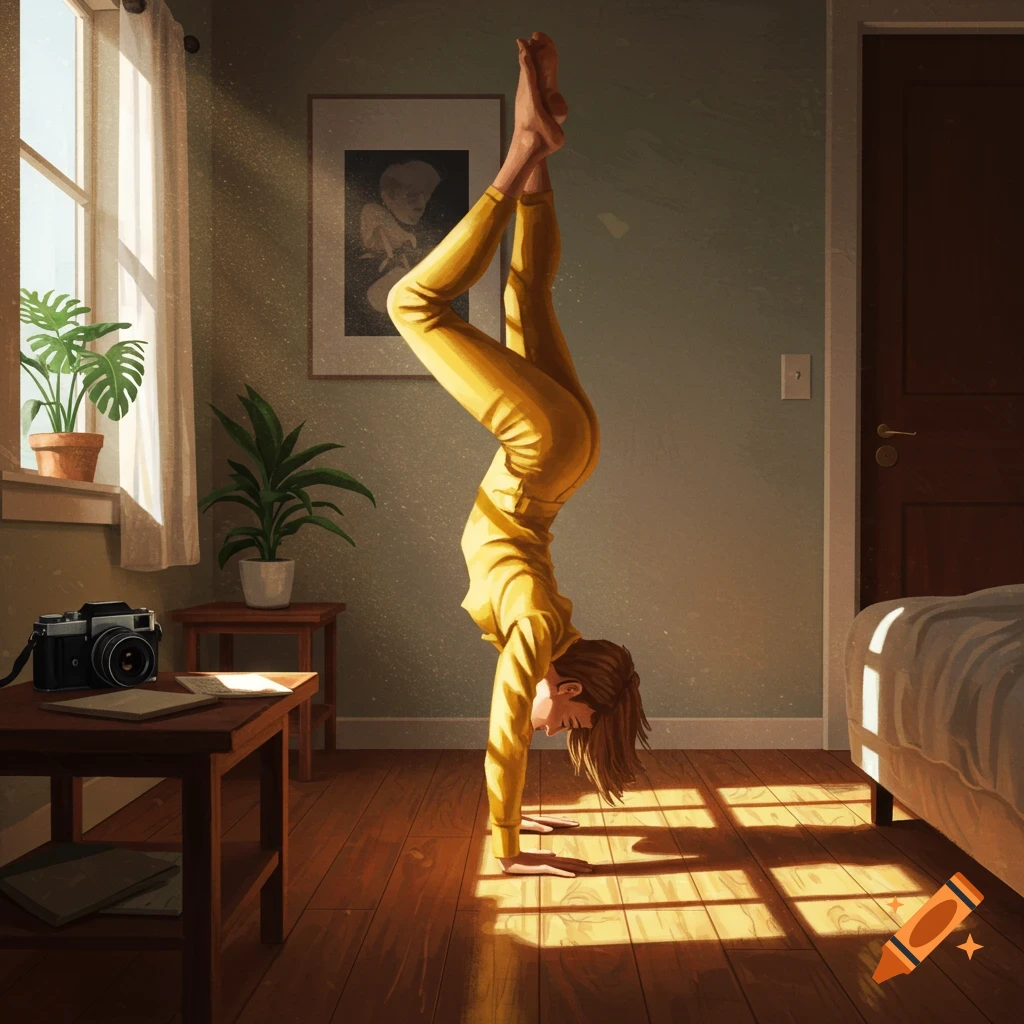 An illustrated woman in a yellow jumpsuit does a handstand on a wooden floor in a sunny room, light streaming from a window.