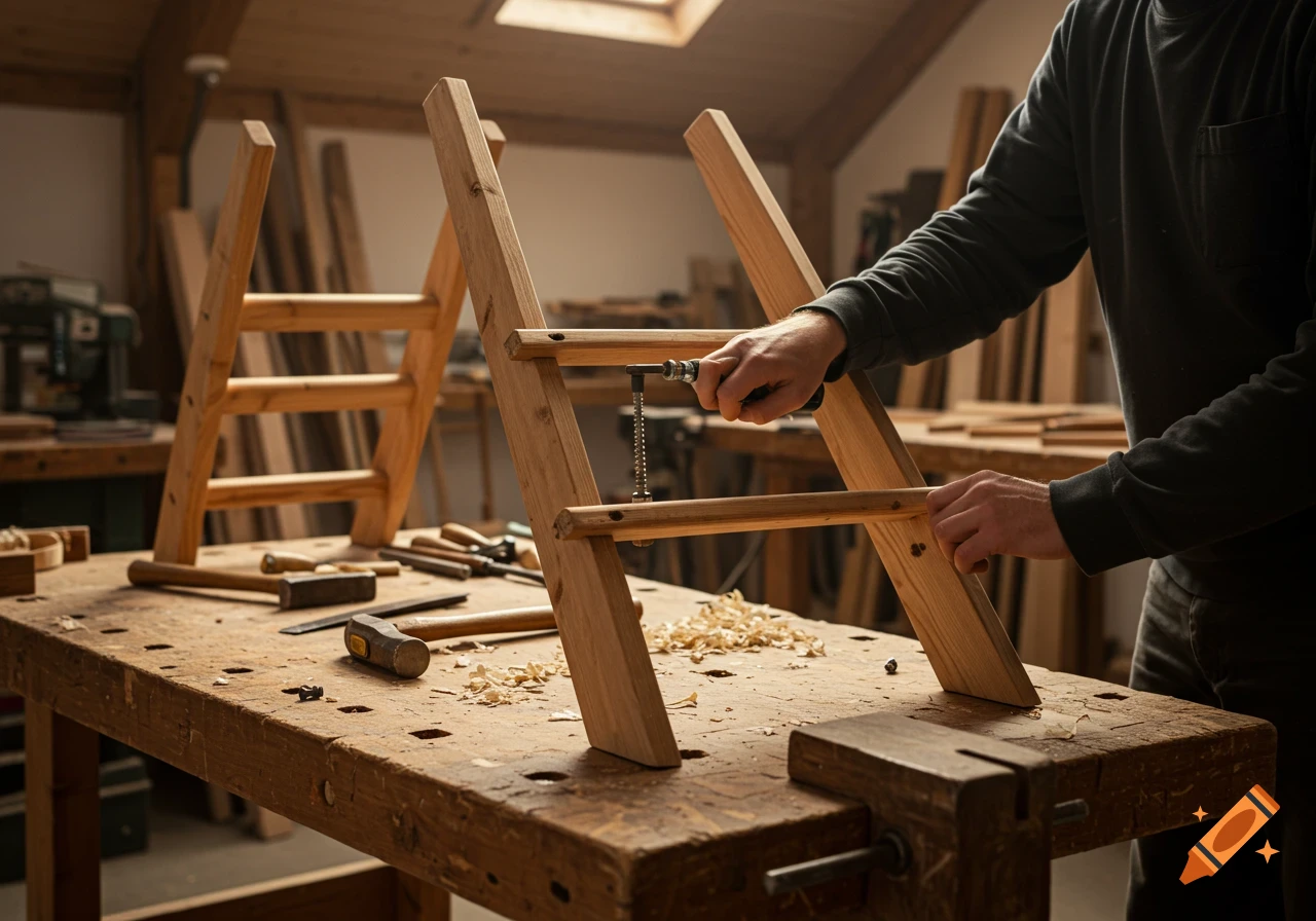 A person assembling a rustic wooden ladder on a workbench in a brightly lit workshop, screwing a rung into place.