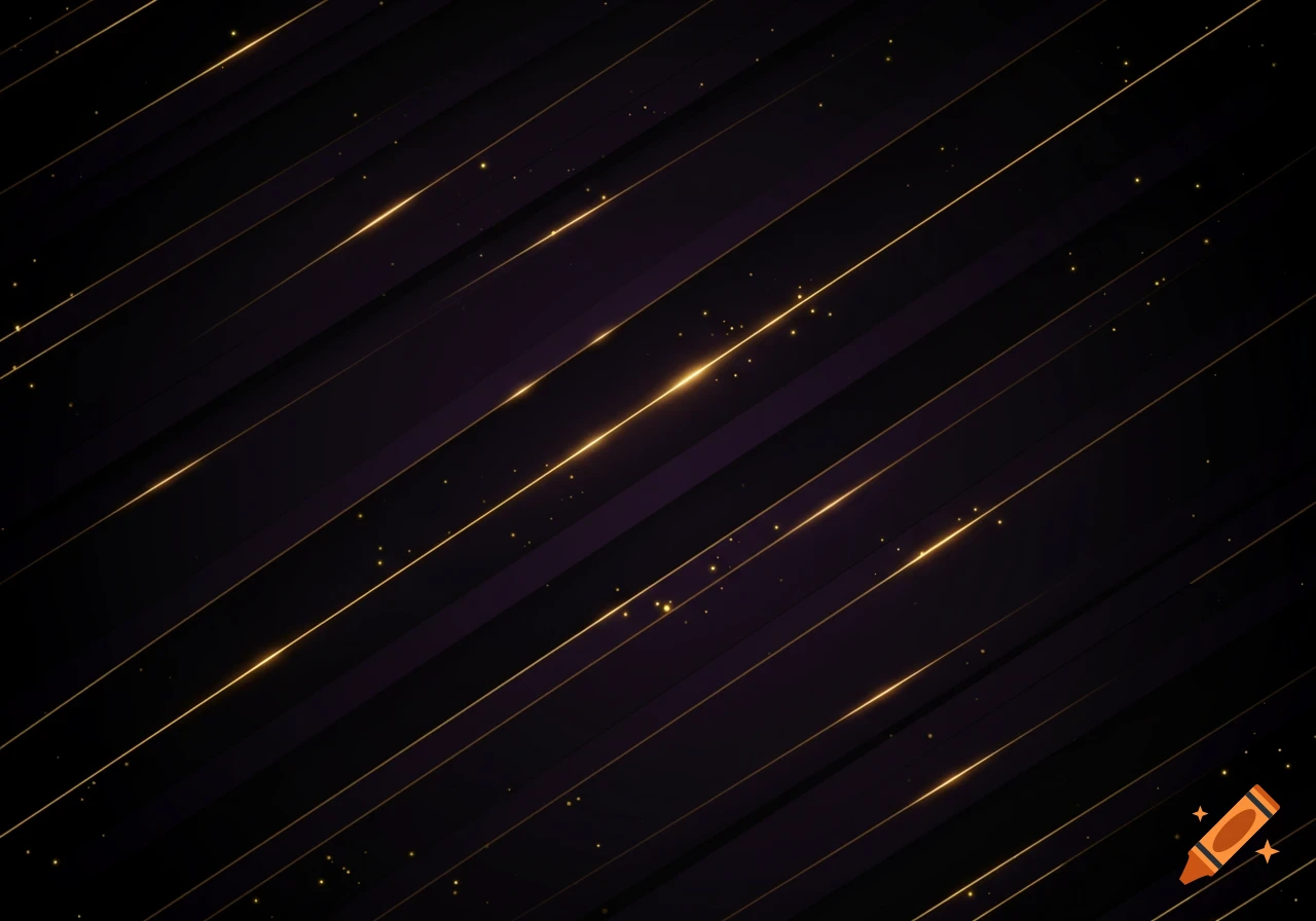 A dark background with diagonal purple and black stripes, accented by glowing gold lines and scattered gold sparkles.