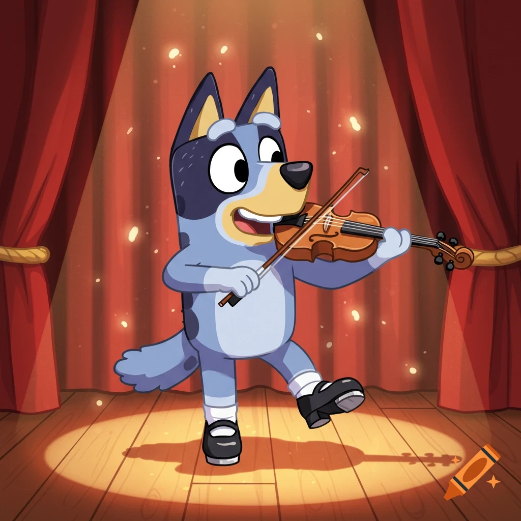 Bluey, a blue cartoon dog, plays a violin and tap dances on a wooden stage with red curtains.