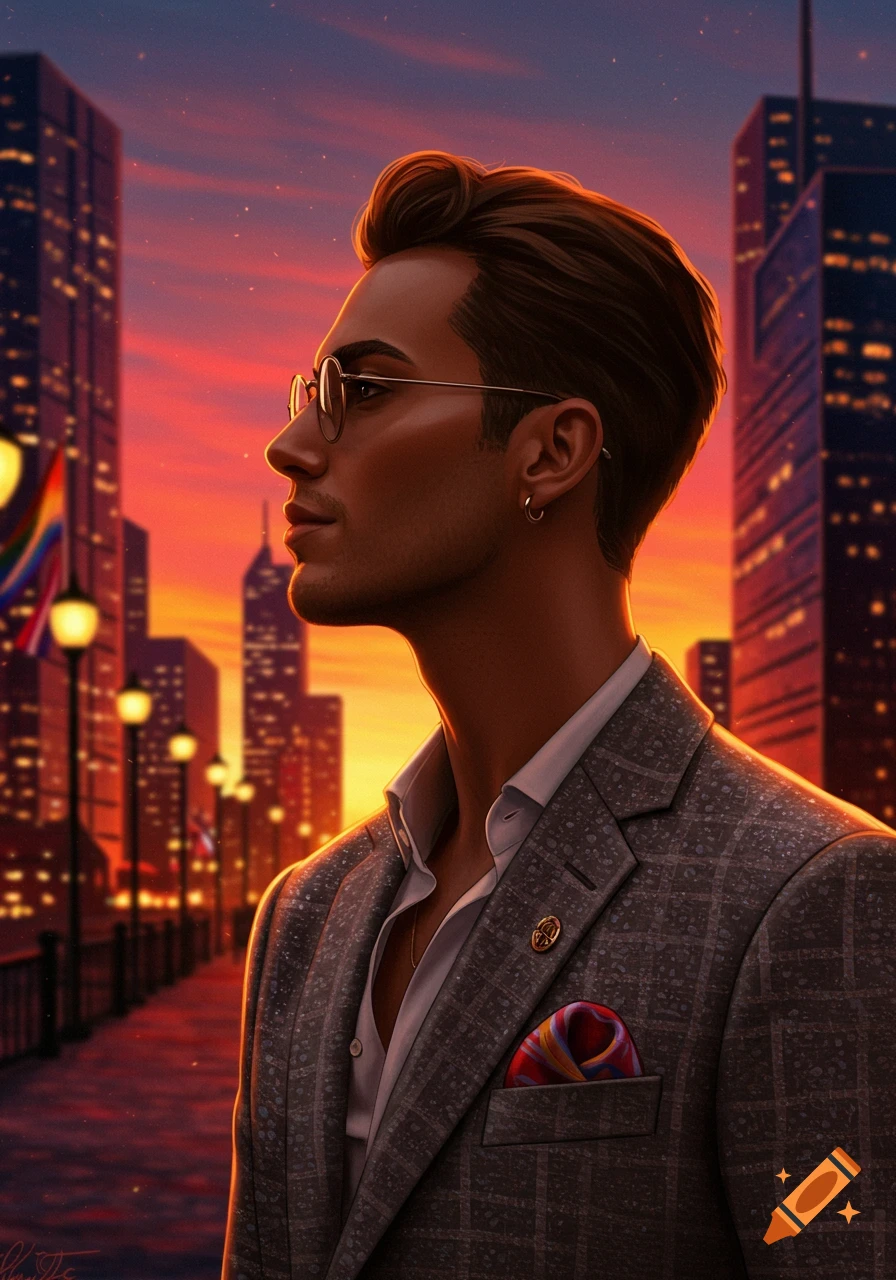 Digital art portrait of a man in glasses and a checkered suit looking out over a city at sunset.