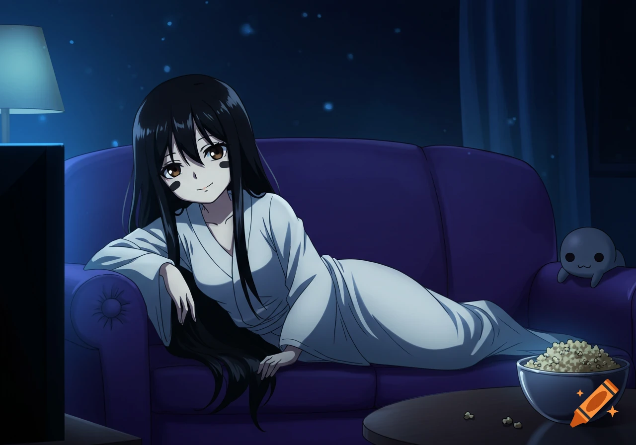 An anime-style woman with long black hair and a white robe lies on a purple couch, watching TV in a dimly lit room, with popcorn nearby.