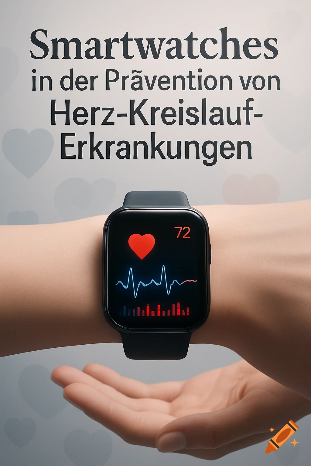 A photorealistic image of a smartwatch on a wrist, displaying a heart rate of 72 and a heartbeat graph, with German text about smartwatches and heart health.