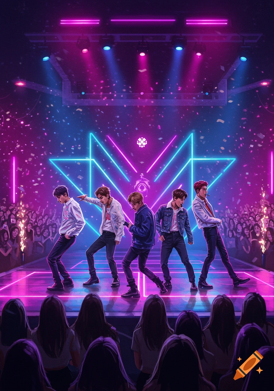 Five K-pop performers on a neon-lit stage with pink and blue lights, confetti, and a cheering audience.
