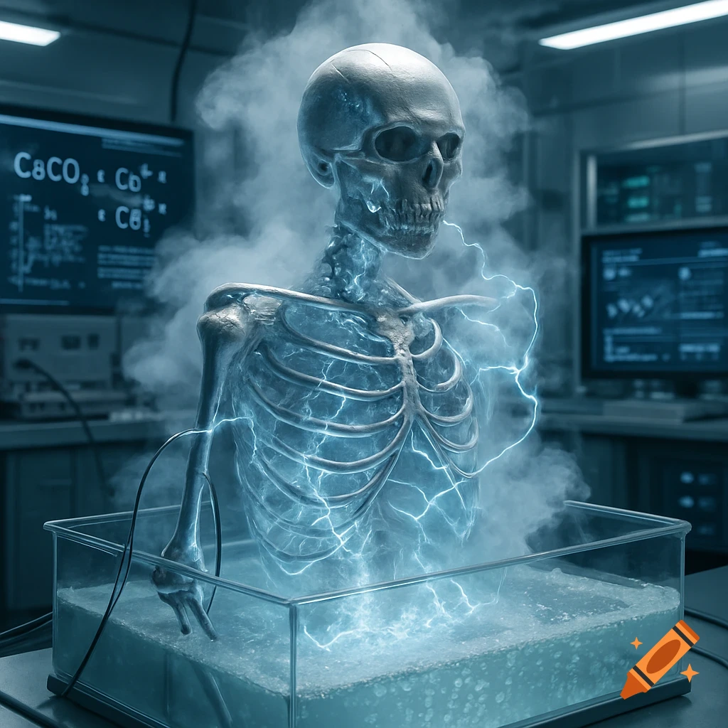 A photorealistic skeleton, glowing with blue electricity, rises from a liquid bath in a smoky laboratory.