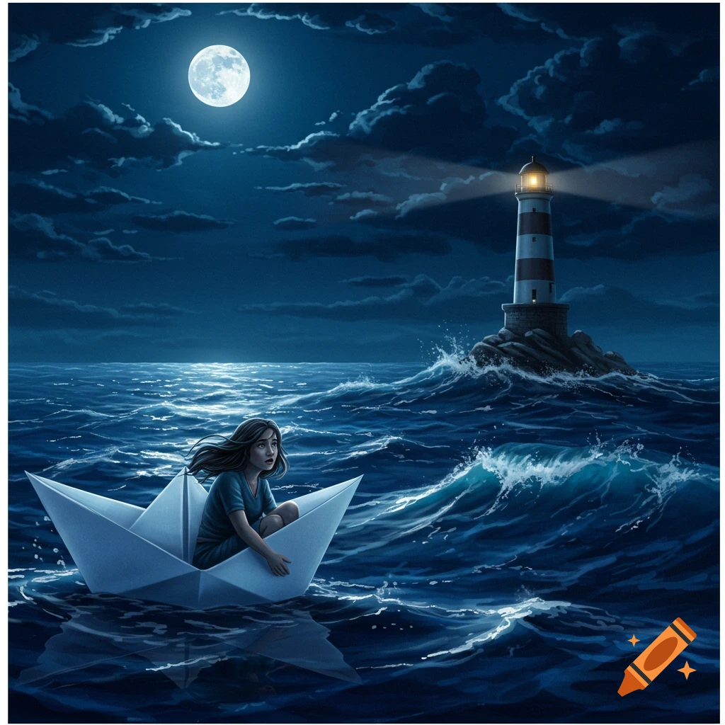 A lone girl in a paper boat navigates a dark, stormy sea toward a distant lighthouse under a full moon, in an emotional, dreamy illustration.