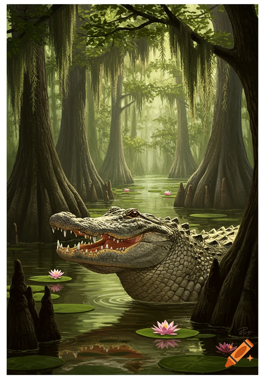 An alligator with its mouth open in a misty swamp with cypress trees and pink water lilies, illustrated.