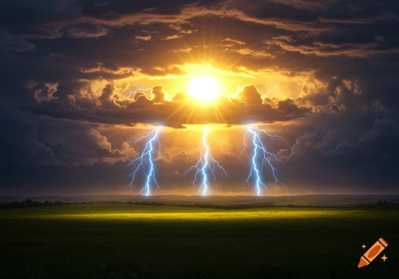 Dramatic landscape with a sunlit stormy sky, dark clouds, and multiple ...