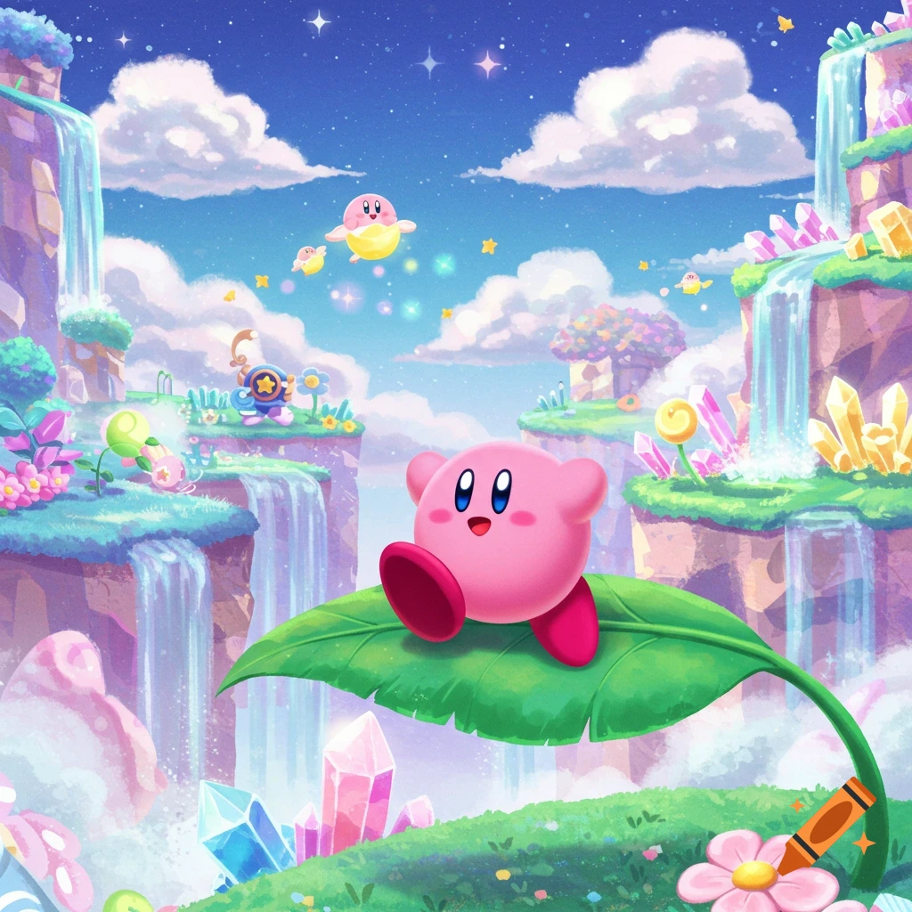 Kirby sits on a large green leaf in a vibrant magical world with waterfalls, crystal mountains, and other flying characters under a starry sky.