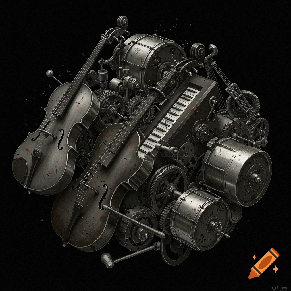 A steampunk composition of metallic mechanical violins, drums, piano keys, and gears on a black background.