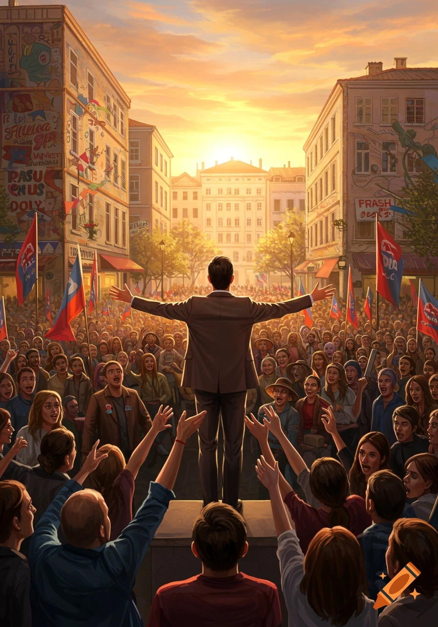 A man in a suit addresses a large, cheering crowd in a city street lined with buildings and flags, illuminated by a sunset.