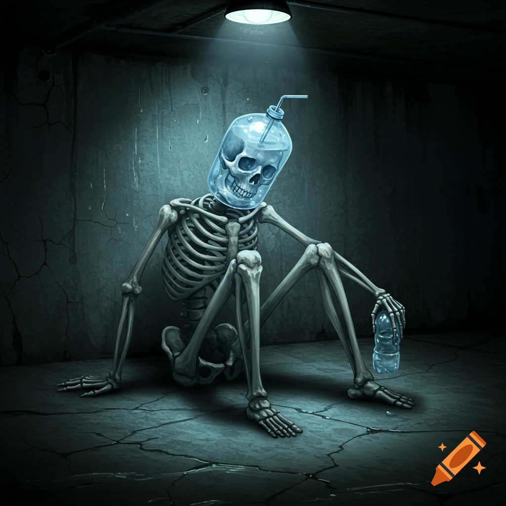 A stylized skeleton with a water bottle for a head and a straw, holding an empty bottle, sits on a cracked floor in a dim, wet basement under a single light.