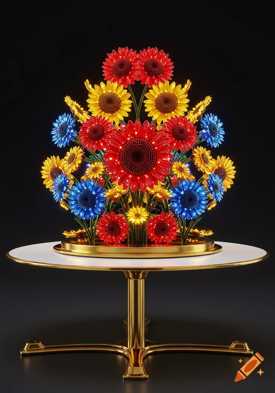 A vibrant arrangement of red, yellow, and blue LED flowers with glowing petals on a gold-rimmed white table, against a dark background.