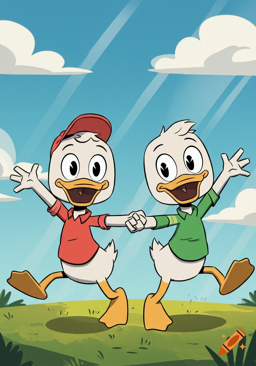 Huey and Louie Duck from the 2017 DuckTales reboot joyfully hold hands, jumping on a grassy hill under a blue sky with clouds. Cartoon style.